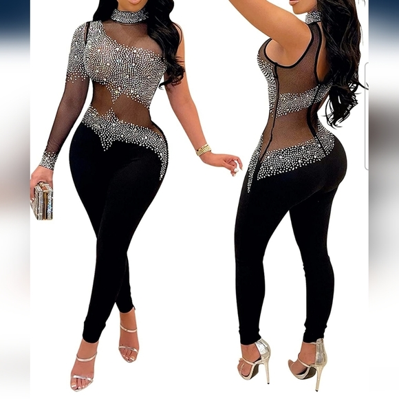 Sexy One-Shoulder Tight Rhinestone Sequins Bodysuit